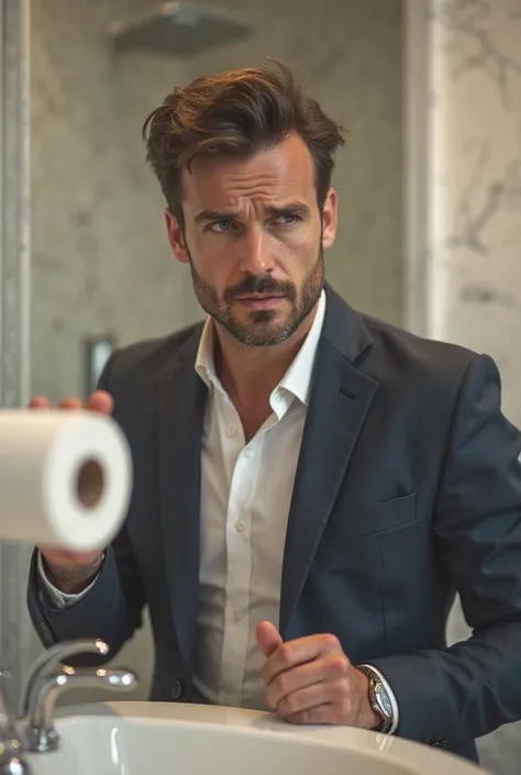 Create the image of a modern guy who poops and there's no more toilet paper