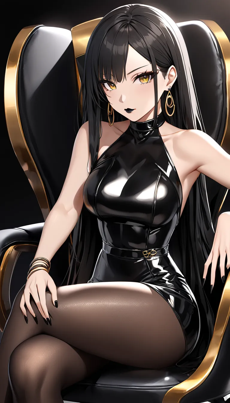 Super Detailed image of gorgeous asian woman, wearing black and gold latex dress, latex skirt, Pantyhose, high heels, black lipstick, perfect make-up,  chocker, sitting in hall on a chair, spread leg, long straight hair, hair bang, octane render, sexy, str...