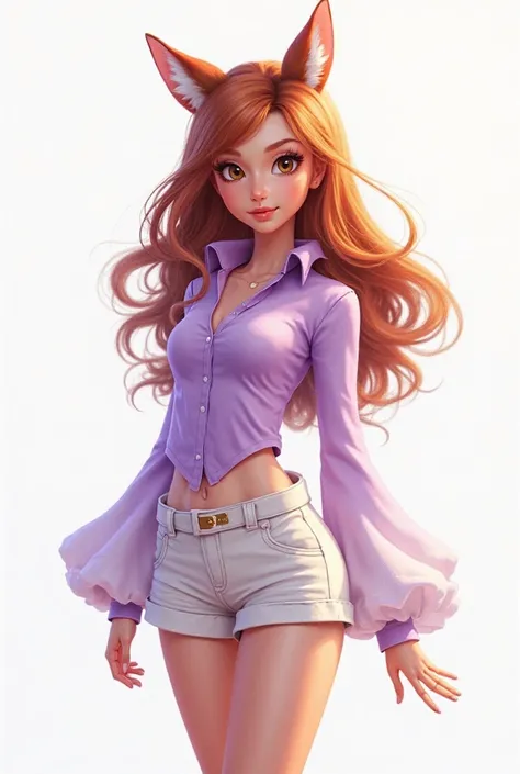 winx club character style of a girl with wolf ear, brown hair, light purple shirt with white long sleeve and a white short pants. White background.