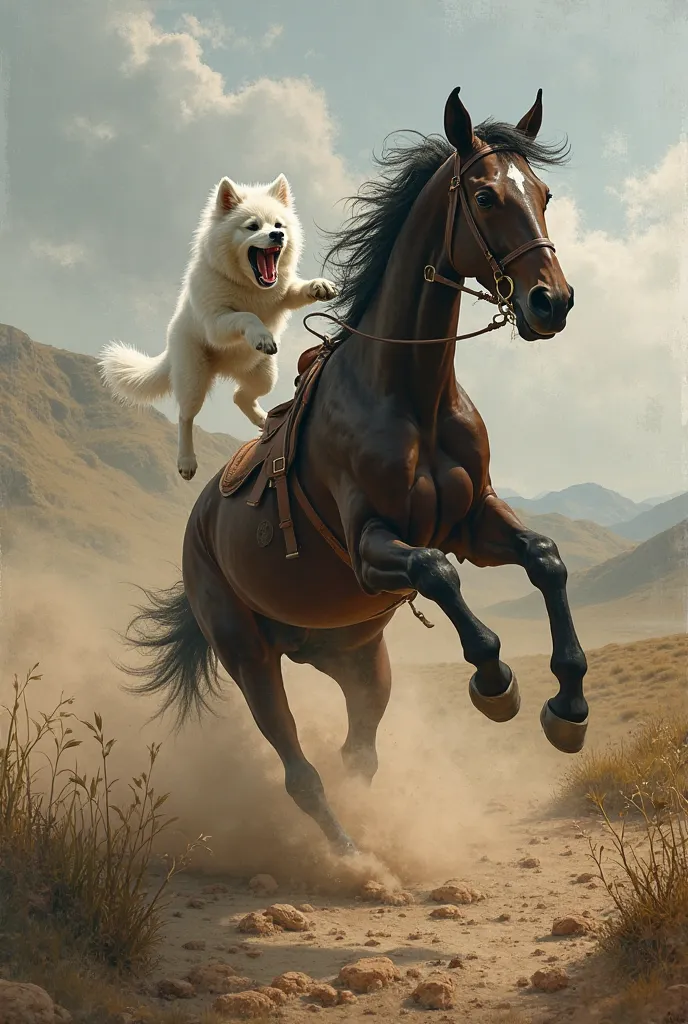 White dog falls off his horse and his horse dies