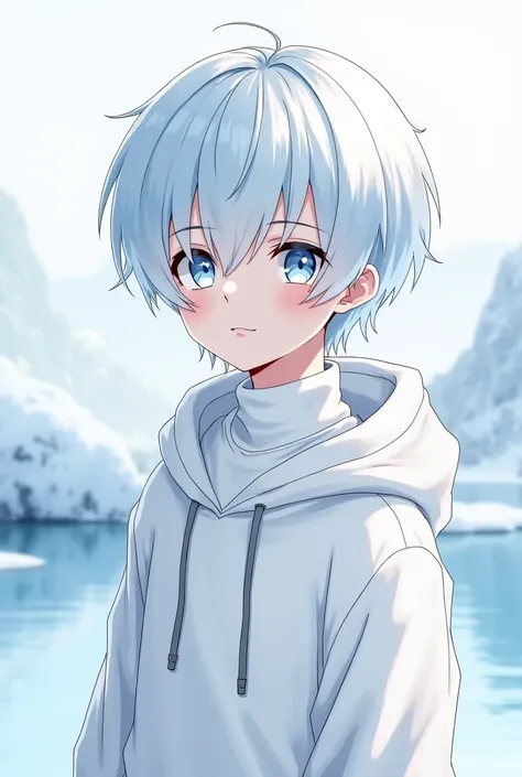 An anime boy, 12ans, Ice white hair, Ice-colored white hoodie with a white turtleneck T-shirt inside, Really really really light hair, smiling, tidy hair, Very ish in Super Sayen Blue