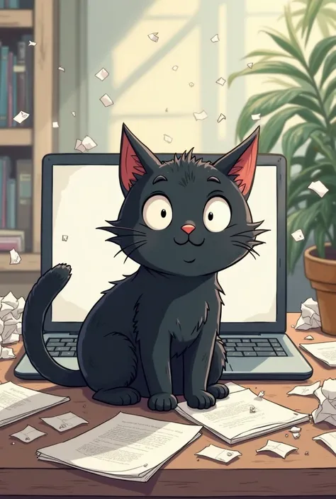 Cartoon-style illustration of a black cat sitting in the middle of a messy table, surrounded by piles of crumpled paper scattered everywhere. Some leaves are torn with small bite marks and scratches. The cat has a quiet and innocent expression, as if he di...