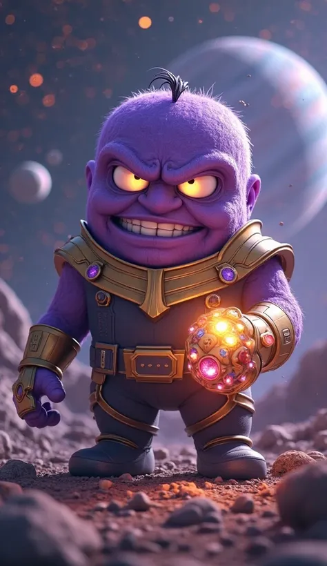 A giant purple Minion using the Infinity Gauntlet with the Gems shining,  smiling maliciously . He is in a space setting with planets in the background.  ultra-detailed 3D rendering , cosmic illumination.