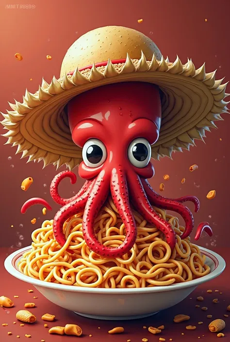 Make a squid logo wearing a straw hat, referencing Luffy from One Piece,  make eat spicy red noodles with logo writing(เจ้โอ๋ หมึกย่าง หมึกบด น้ำจิ้มรดเด็ด )