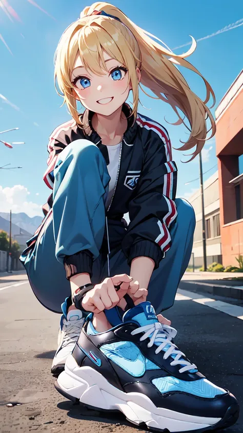 blonde perm ponytail、 blue eyes、smile、Sneakers wearing a round tube suit、The sneakers you are wearing。 cheerful pose。

anatomically correct, high detail, high definition model, very detailed, ultra high definition, high definition model, 8ＫOctane Hi-Res , 