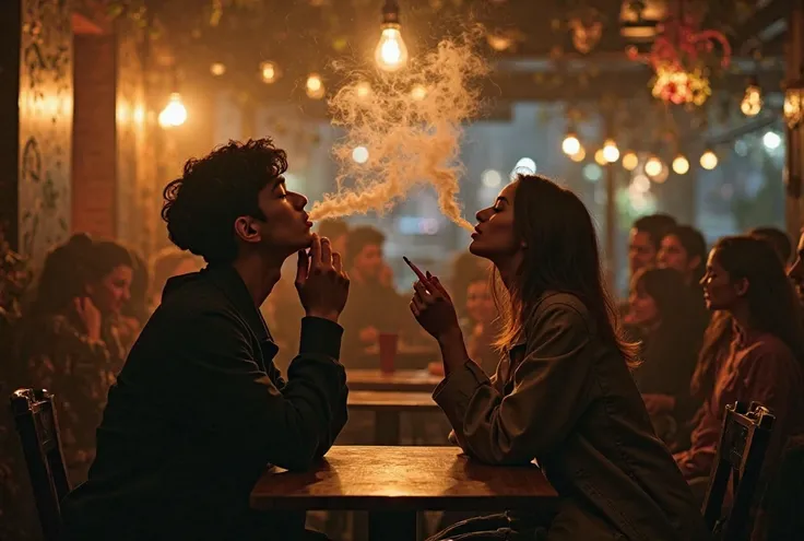 "A young man tilts his head back, exhaling cigarette smoke that forms a shape resembling a cat. On the other side, a young woman exhales smoke from her mouth, forming a shape resembling a tiger. The scene takes place in a cozy nighttime café, with warm amb...