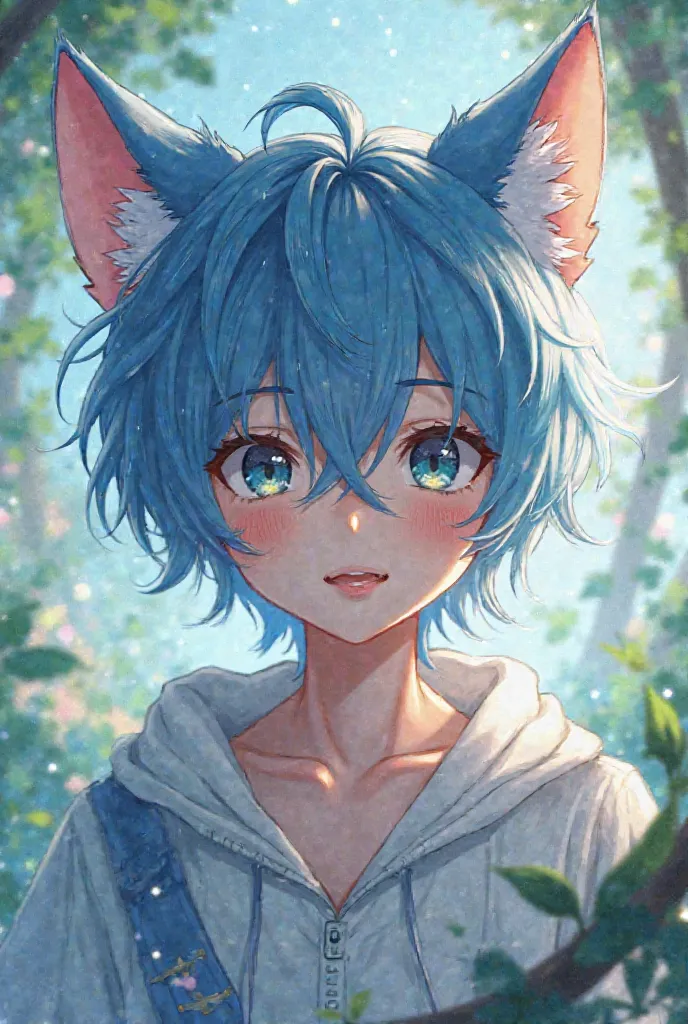 Create an anime-themed boy with blue hair and cat ears