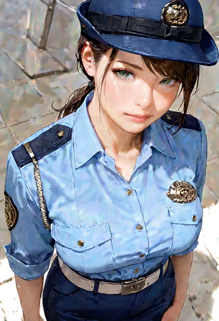 best quality,masterpiece,large breasts,green eyes,dark brown hair,police hat,white belt,collared shirt,blue pants,,light blue shirt,1girl,,swept bangs,low ponytail,mature,from above,upper body.looking at viewer,,realistic