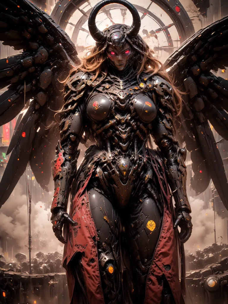 Clockwork Female Angel, Red Metallic Mechanical Angel Wings (6 foot Wingspan), Stainless Steel skinned , Long Flowing Golden Hair, Large Breasts, Voluptuous Build, wide hipped, thick thighs, iridescent Red glowing glass eyes, standing in a cyberpunk clock ...