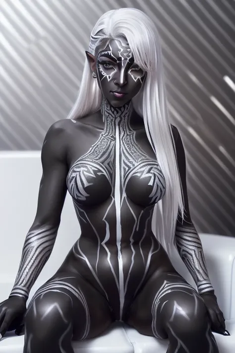 ( high resolution), Elf, (Black body paint for the whole body and face  :1.4), (white and silver azulejo body paint:1.5), (black gradient paint towards arms and legs:1.3), Silver Hair Straight, (Asymmetric pattern in white and silver on the left and right:...