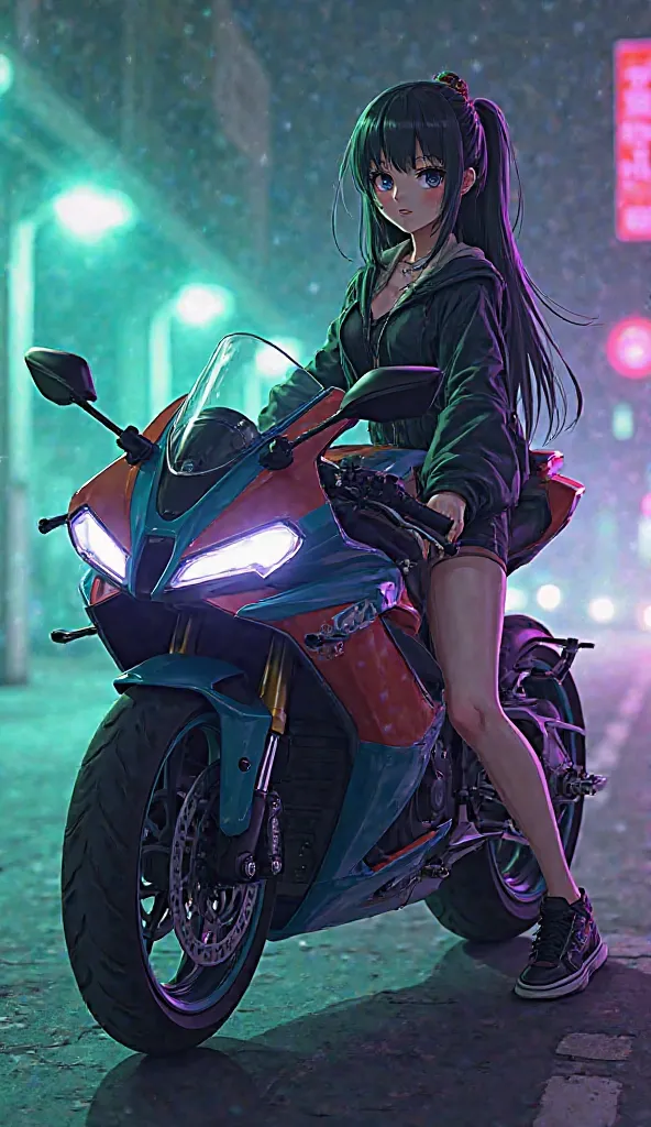 Create an anime-style wallpaper art, a girl on a sports bike, The girl poses for the photo next to the bike,  beautiful anime girl , the color palette should be in shades of green, blue and purple,  neon lighting 