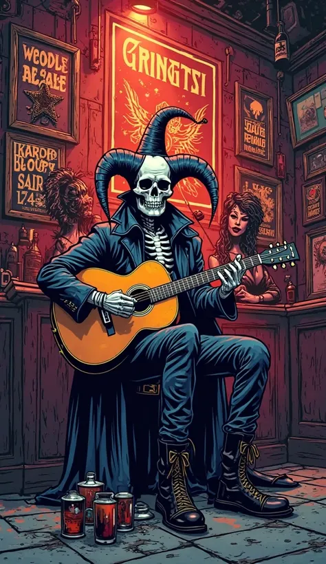 flyer for a rock band/heavy metal, in a bar with a skeleton harlequin with acoustic guitar, sitting, surrounded by sexy metal girls, alcohol, in comic style , 