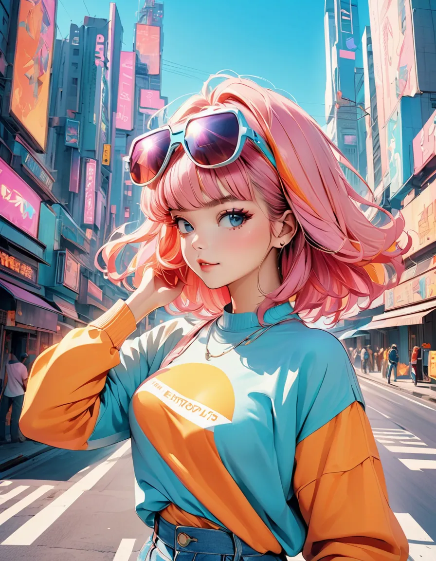 (highest quality:1.2, City Pop Style, Very detailed, up to date, Vibrant, High Contrast, masterpiece:1.2, highest quality, Best aesthetics), girl, Colorful hair, Bobcut, pastel colour, 1980s style, ((The metropolis of the future, Retro, Vintage)), Logo jum...