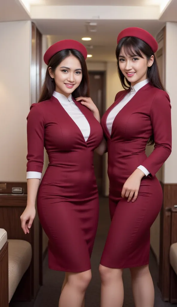 two flight attendants dressed in elegant maroon uniforms with distinctive hats matching, standing inside the aircraft cabin with a friendly smile. One of them reached out in a welcoming gesture, while the others stood gracefully, showing the professionalis...