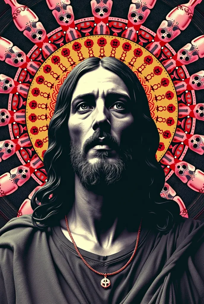 inspired by Andrew Warhola//silkscreen art//Contemporary Art//psychedelic//Jesus Christ's cross// monotone//Black and White//The background is a mandala of skulls