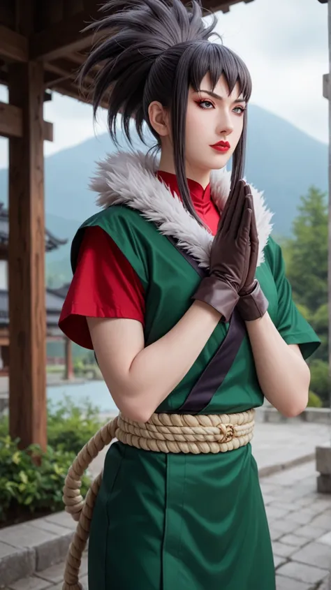 guren,1girl,solo, lipstick, makeup, red lips, dark grey hair,spiked_hair, ponytail, large breast, red undershirt, fur_trim, green japanese clothes, short sleeve, gloves,brown_gloves, long hair, rope belt, pink crystal magic overlay, pose praying hands, out...