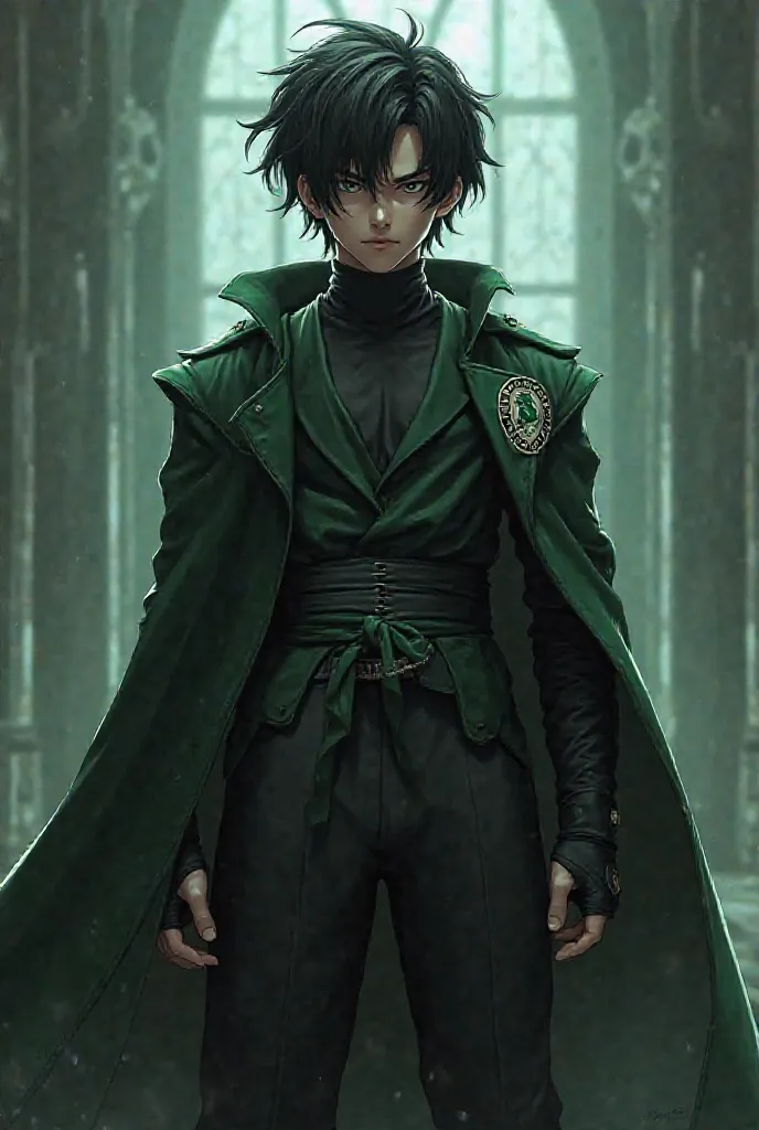 Black medium long hair future Trunks wearing black Slytherin uniform