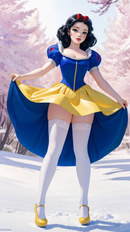 ((1 girl)), Masterpiece, (high quality, best render), (beautiful girl, snow white), (bomb, pin-up style), hot, floss, perfect body, araffed snow white in a yellow minidress with a red bow, sexy snow white, portrait of snow white, pale snow white skin, 4k h...