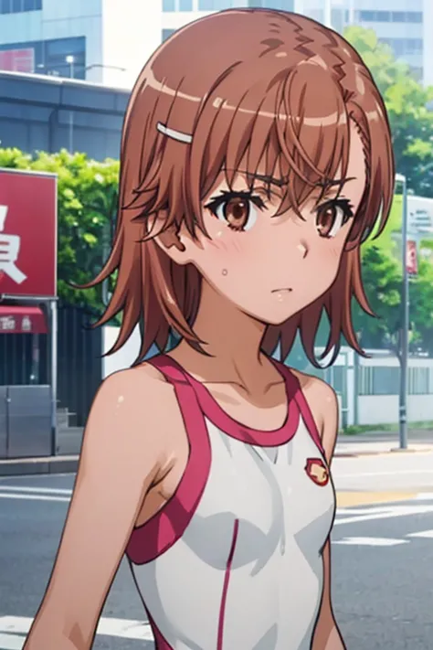 Mikoto misaka.、A Certain Scientific Railgun、girl、Small breasts、whole body,blush,best quality,competition swimsuit