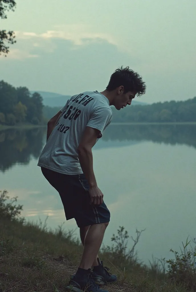 At the last second he turns around the lake and shows the name on his shirt 