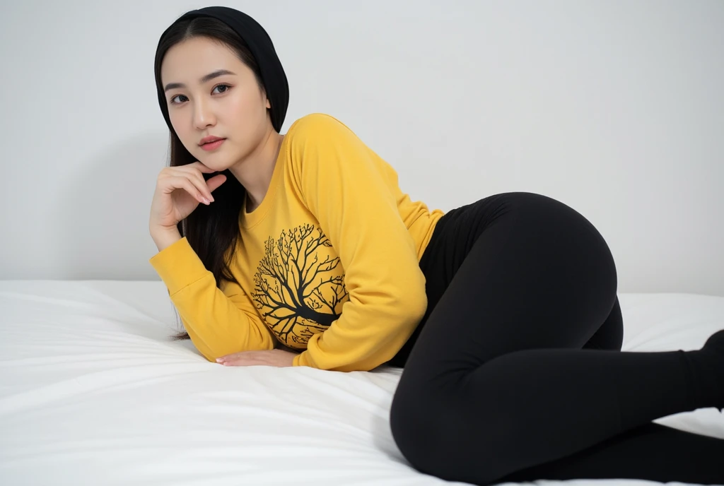 Several photos of an Iranian woman lying on a bed. Iranian woman, 170 cm tall, medium build, fair skin, black stretch pants, yellow shirt with tree pattern on the front, black headscarf, medium thighs, large breasts, medium ass, no shoes. White background,...