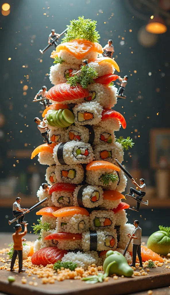 A towering sushi roll being built like a skyscraper. Tiny chefs slice fresh fish with oversized knives, while others spread rice with giant paddles. A crane places a piece of avocado, and a conveyor belt delivers sheets of nori. The scene is vibrant and co...