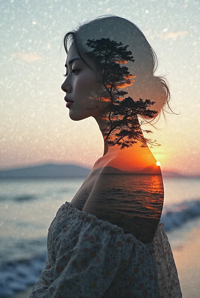 High quality, 8K ultra HD, Una hermosa  double exposure que combina una silueta de diosa con la costa al atardecer, the coast at dusk should serve as a backdrop,  with its details incorporated in the goddess, sharp lines, The background is monochrome,  sha...