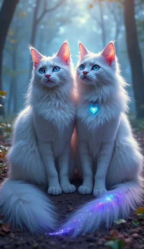 “Two majestic long-haired cats with silver and blue fur, glowing blue eyes, and a soft, mystical aura. The background is a misty enchanted forest with a dreamy atmosphere. One cat has a small heart-shaped marking on its forehead. Their tails are fluffy and...