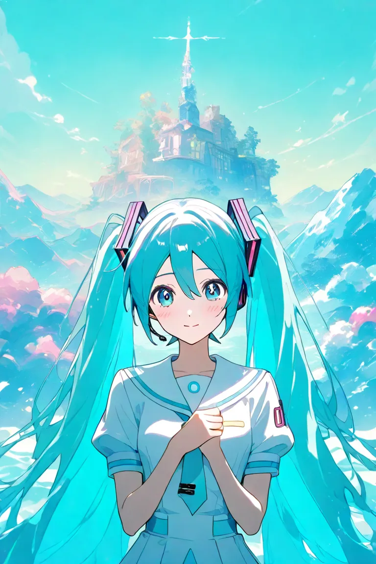 anime style　 Hatsune Miku　sailor suit　Embarrassed expression