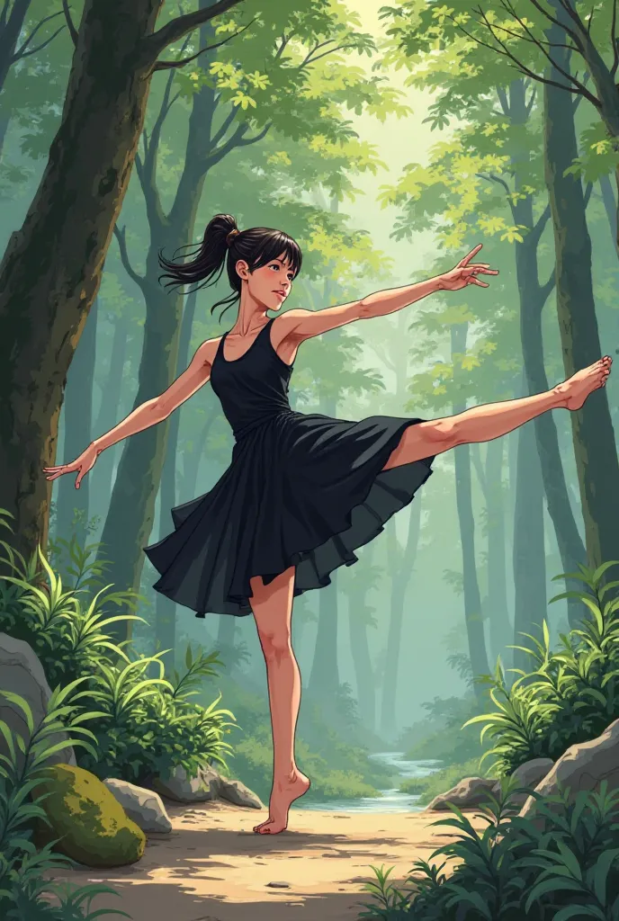 Tall and cute  girl wearing a black sleeveless mini dress and getting a high kick in the woods Japan Anime 