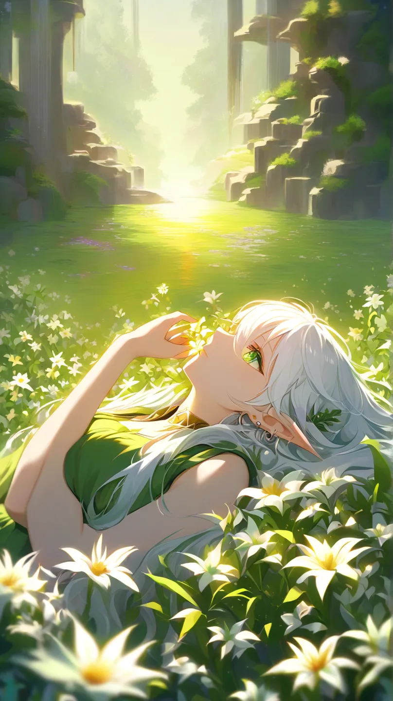 elf with white hair and green eyes lying on her back and with her hand raised to the horizon holding a flower, flower field, sun, view from afar