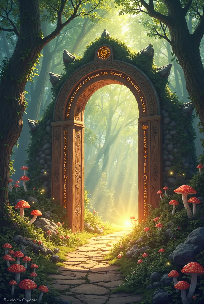 Illustration of a fancy entrance with a bright door and a path, twilights, enchanted magical fantasy forest, magic fantasy forest, enchanted and magic forest, magical fantasy 2 d concept art, magical atmosphere, ambiente florestal de fantasia, estilo de ar...