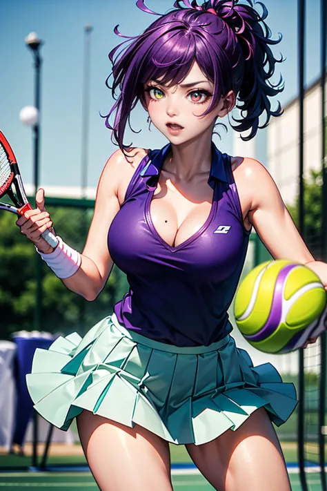 Top Quality, 8K, (Masterpiece, Top Quality)), ((Tennis Player and High School Girl with Odd Eye)), ((Iris Heterochromia, Red Eye, Green Eye)), Odd Eye, ((Beautiful sparkling detailed eyes)), Super detailed, ((Long silver and purple hair)), Ponytail, Small ...