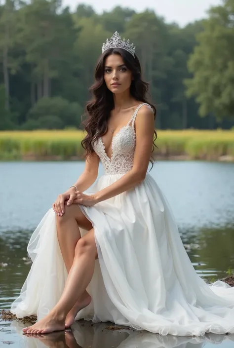 An attractive woman with dark brown hair and fair skin is wearing a white wedding dress that accentuates her curves. She is sitting on the edge of a lake. The dress has a deep V-neckline and a slit on one side, revealing her toned crossed legs. She is bare...