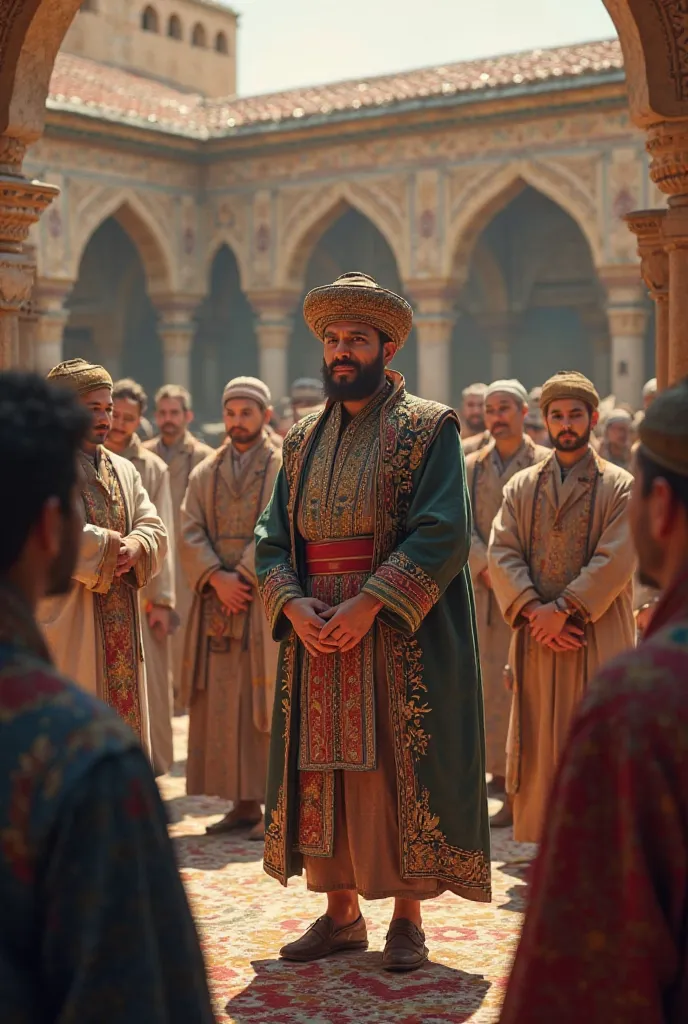 A man holding a meeting in Uzbek national dress who is talking to a lot of people