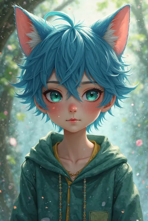 A age boy who has blue hair, green eyes and a cat's ear.