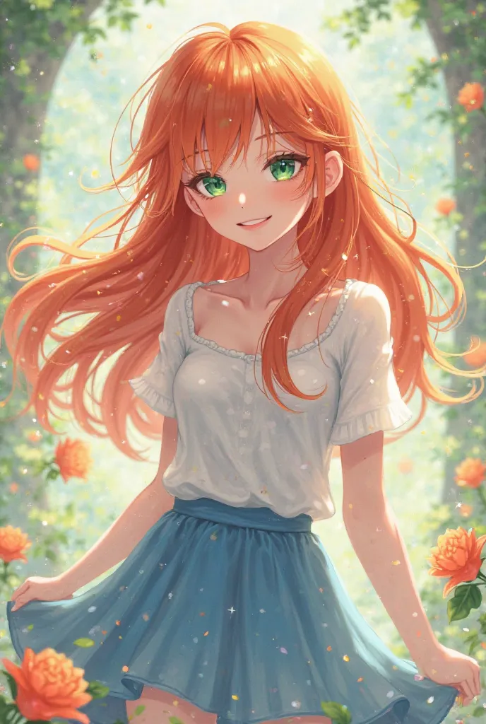  with long ginger hair, cute face, green eyes, wearing a cute blue snoring skirt, no porn, smiling face color, the background is a place like a 's dream, with little light anime