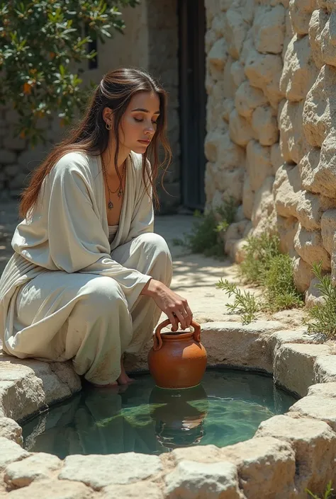 Normal general plan of a woman crouching outside a well of crystal clear water, Look at her reflection in her, and immerse a clay jug.  The woman is 30 years old ,  he has white skin, has a very small forehead, brown almond-shaped and half-closed eyes, lon...