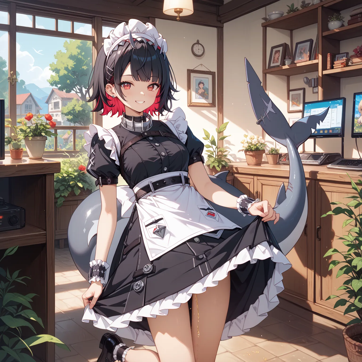 ellen, red eyes,  black hair,  short hair, Colored Inner Hair, hair clip,  ear piercing, Until then,  Shark Tail , maid headdress, hair ornaments close to the garden, black dress, puff sleeve, choker, ruffle dress, High Waist Skirt, black panty hoses, Wris...