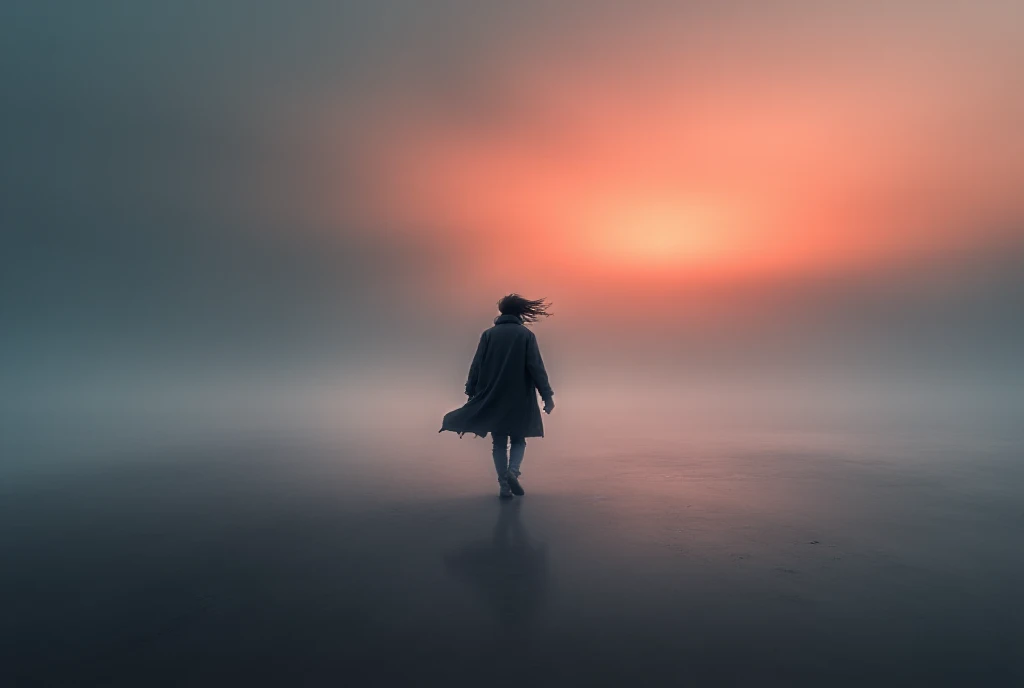 Using Ink Technology Using Soft Fluid and Blurred Artistic Lines Depicting a Man in a Black Windbreaker Walking in the Wind Sunset Alone Man Walking Alone in the Wind Deep Fog Background Ocean Wind Long Desolate Beach Sunset Red Light

 With its hazy chara...