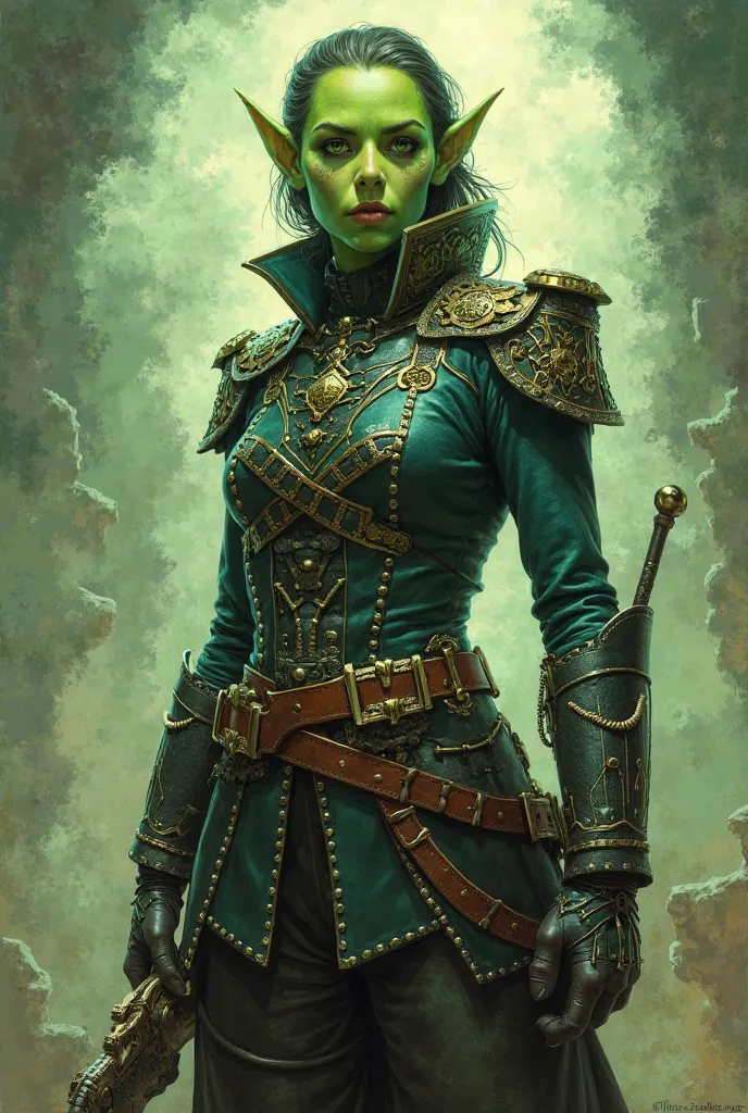 A githyanki female with light green skin wearing a ww1 style uniform, dnd art style.