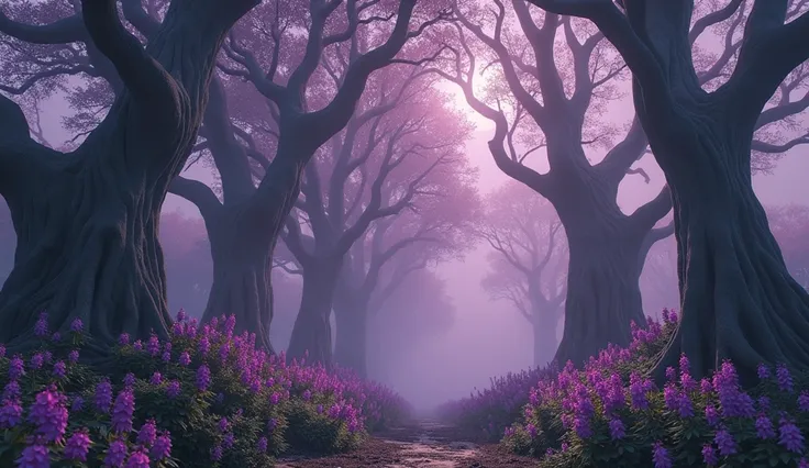 Very dark scary forest In twilight foggy purple flowers ancient grey trees thick folliage gloomy highly detailed epic scale high Resolution, 