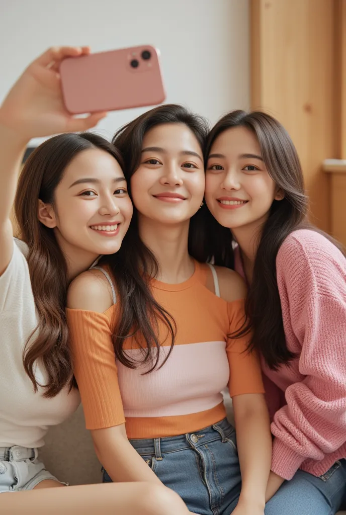 Three beautiful Japanese women in their early 20s, taking a selfie together in a cozy, well-lit room. They are wearing stylish crop tops and denim shorts, showing their toned midriffs. Each has a unique hairstyle—one with long, wavy brown hair, another wit...