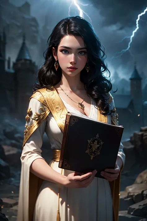 A beautiful 22-year-old white woman with long, curly black hair, holding an open magic book while casting spells. She is a powerful witch with expressive blue eyes, wearing earrings and necklaces adorned with pentagrams. Her outfit is a detailed, elegant w...