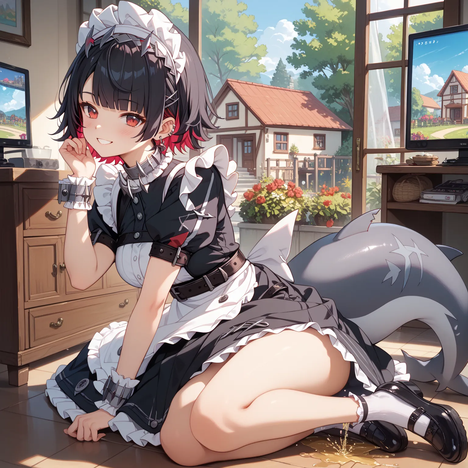 ellen, red eyes,  black hair,  short hair, Colored Inner Hair, HAIR CLIP,  ear piercing, Until then,  Shark Tail , maid headdress, hair ornaments close to the garden, black dress, puff sleeve, choker, ruffle dress, high waist skirt, black panty hoses, Wris...