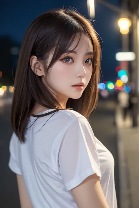 (Best quality, High resolution, Masterpiece :1.3), A pretty woman, Slender figure, Dark brown hair, T-shirt, (Street in city at night), Highly detailed face and skin texture, Detailed eyes, Double eyelid