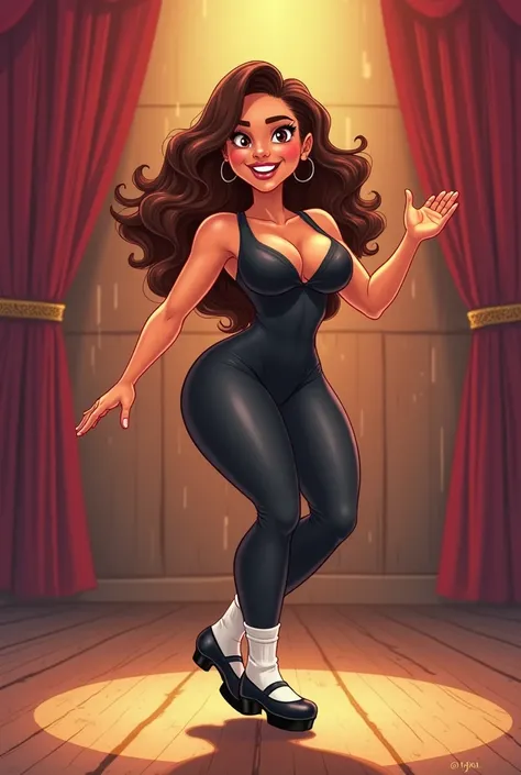 A beautiful cartoony Mexican American woman in her 20s, wearing a black leotard, white socks over her leggings, cartoon style, beautiful brunette hair cascading down, with cleavage, cute smile,, while tap dancing,  black Mary Jane tap heels. On stage on a ...