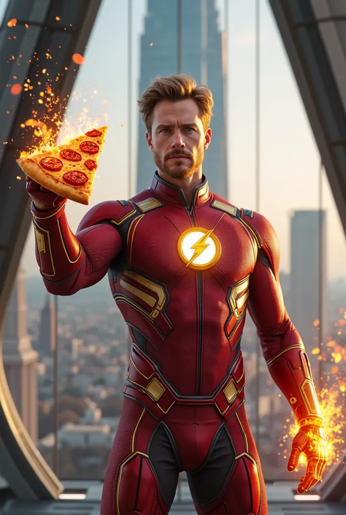 Chris Evans as Johnny Storm wearing a Fantastic four suit holding a golden pizza slice at the avengers tower