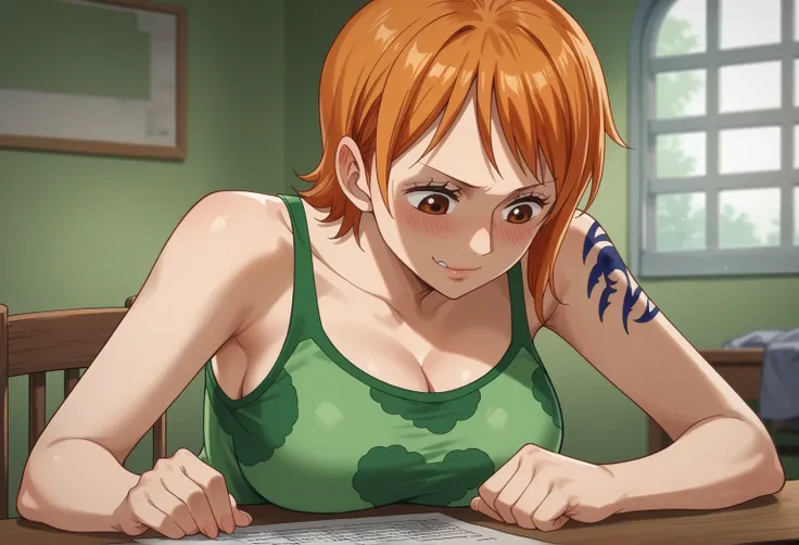 Nami,1girl,solo,short hair,orange hair,,tattoo,large breasts,tank top,, indoors,smile, blush, neck, glup, swallowing, swallow, head up, looking up, blush,closed mouth, bite lips, close up, head down, looking down, table,