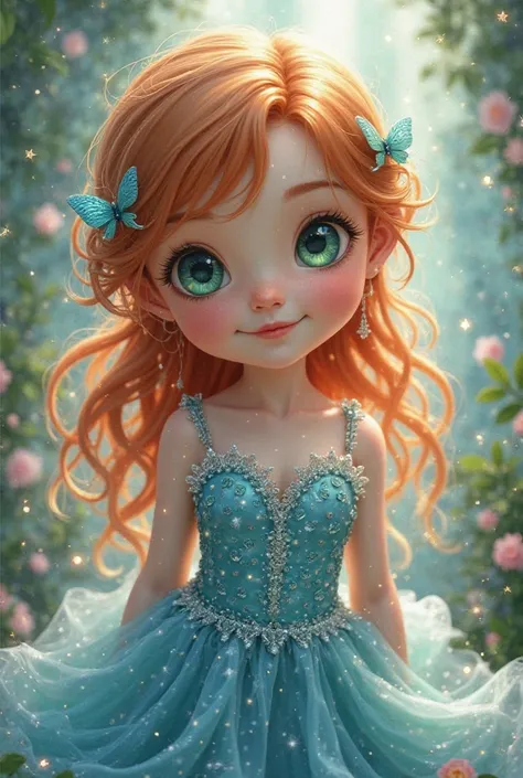  boy with long ginger hair, cute face, green eyes, wearing a cute blue mermaid dress, no porn, smiley face color, the background is a place like a 's dream, with little light anime